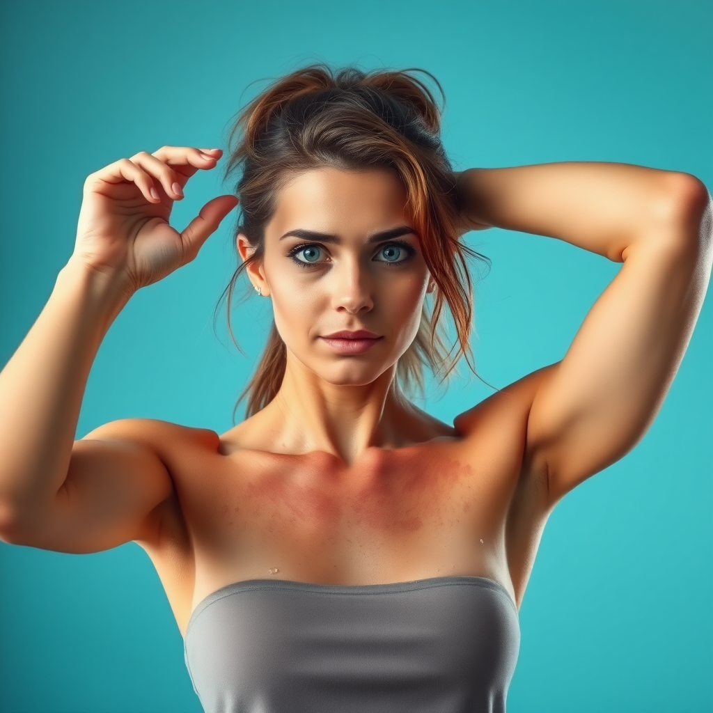 create an image of a woman who has become extremely sweaty. she is holding her arms up to allow air to cool off the region. she should be facing the viewer