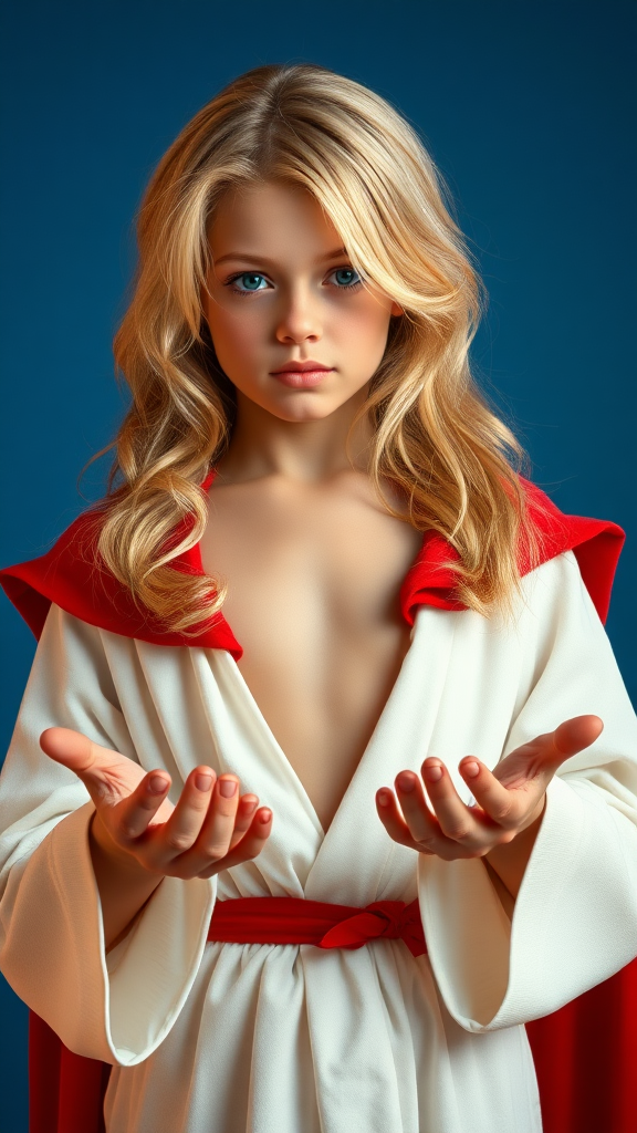 cinematic long haired blonde young boy, white robe, red cape, flat chest, flat chested, feminine face, showing hands, blue and orange contrast background