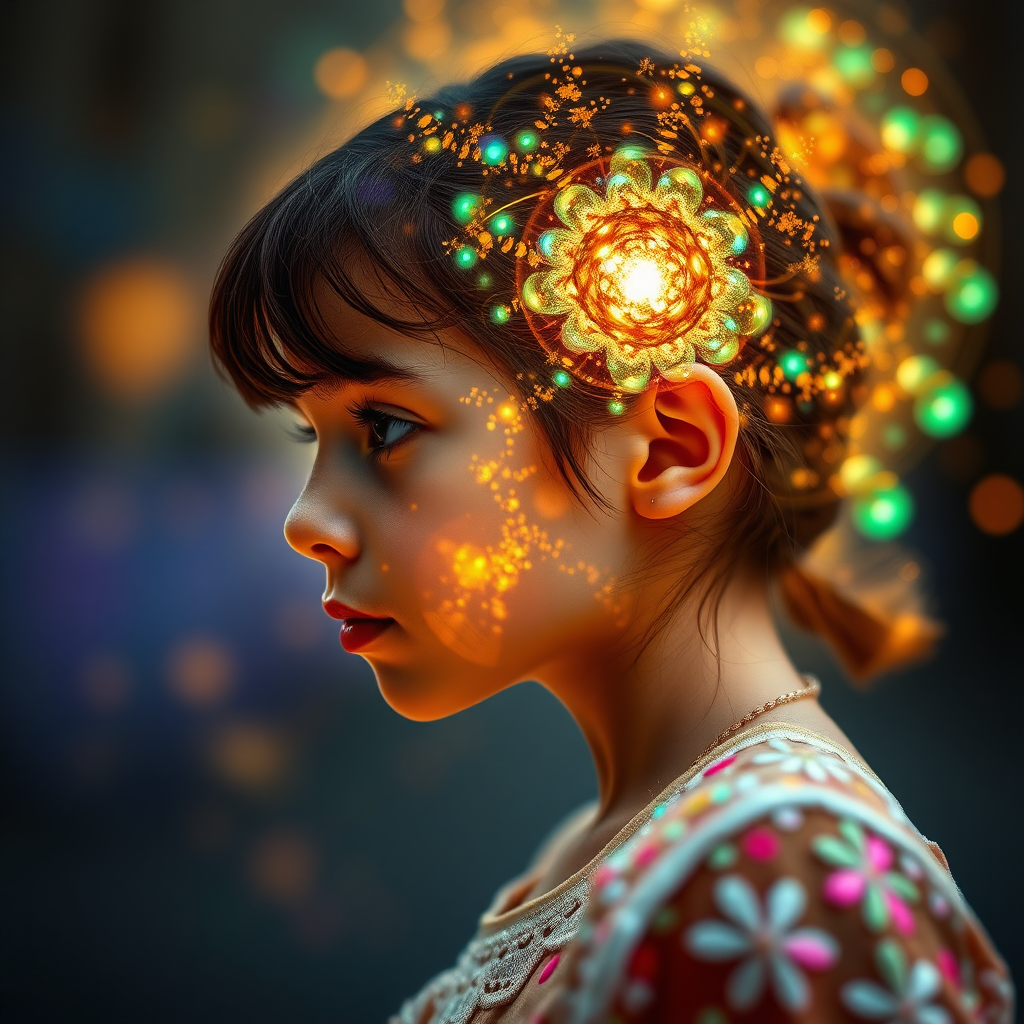 young preteen girl with aura, in dynamic pose, in profile, abstract, mandelbulb fractal, dynamic composition, street photography, fractal, brilliant colors, glittering, translucent, opal, gold, sharp focus, floral, mother of pearl, iridescent, natural, glowing, Bokeh