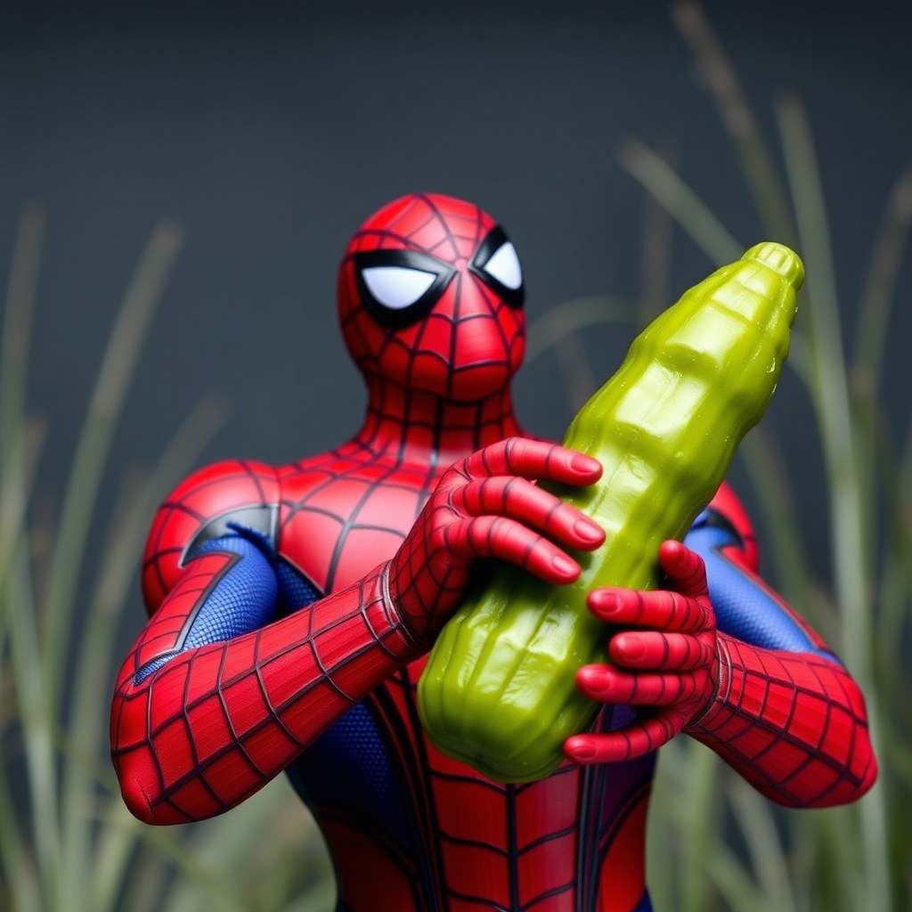 Generate an image of Picholas Cage

Lol so I have this yodeling pickle toy that I keep near my desk, we put it in Spiderman’s arms, the kids kept pressing the button so I said “If you keep pressing that button, Picholas Cage will show up”.

Spider-Man holding a pickle that looks like Nicolas Cage as a swamp creature