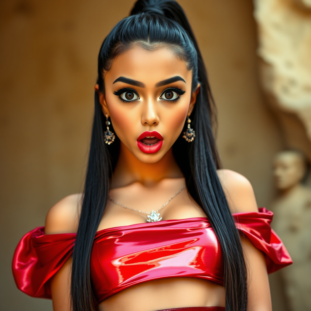 surprised Arabian girl with mouth open. She has very large eyes, black eyeshadow, black eyeliner, fake eyelashes, very tanned skin, very long hair. very high ponytail, red off shoulder shinny crop top. photo realistic, long straight black hair. crop top, pencil skirt, micro skirt, long legs.