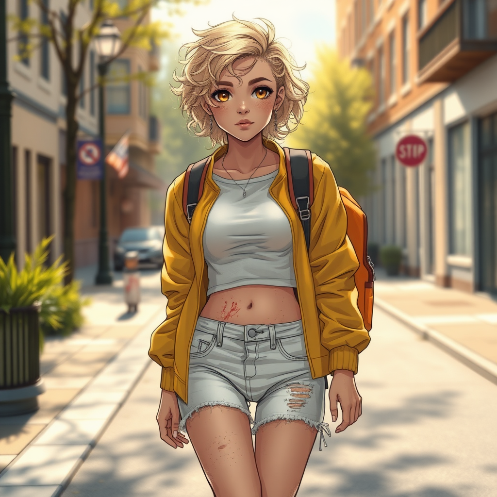 Realistic drawing style image, Extremely good quality 8k resolution drawn manga image of a 15 year old petite and short tomboy girl with golden blonde curly hair with mixed and different colored eyes for each eye and moles on her entire body and is a white American girl, Has on a Gold Jacket over a white extremely short crop top only covering her breasts and nothing more with a design on it, and has on ripped shorts and cool looking sneakers and a deep and big knife cut wound on her stomach from a huge injury she had, with a bright color backpack, ear piercings on, walking on the street to school in the morning with the beautiful sunlight lighting up her body beautifully with no tattoos.