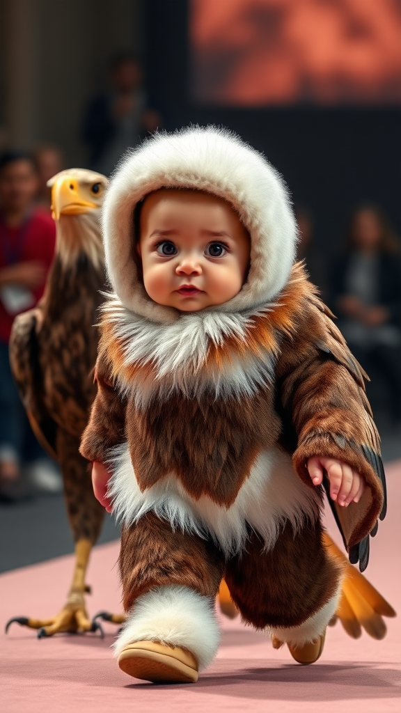 A cute small chubby fair baby with big eyes, pink lips, and pink cheeks, wearing a furry cozy eagle costume, doing a ramp walk in a fashion show, walking alongside a real eagle, cinematic.