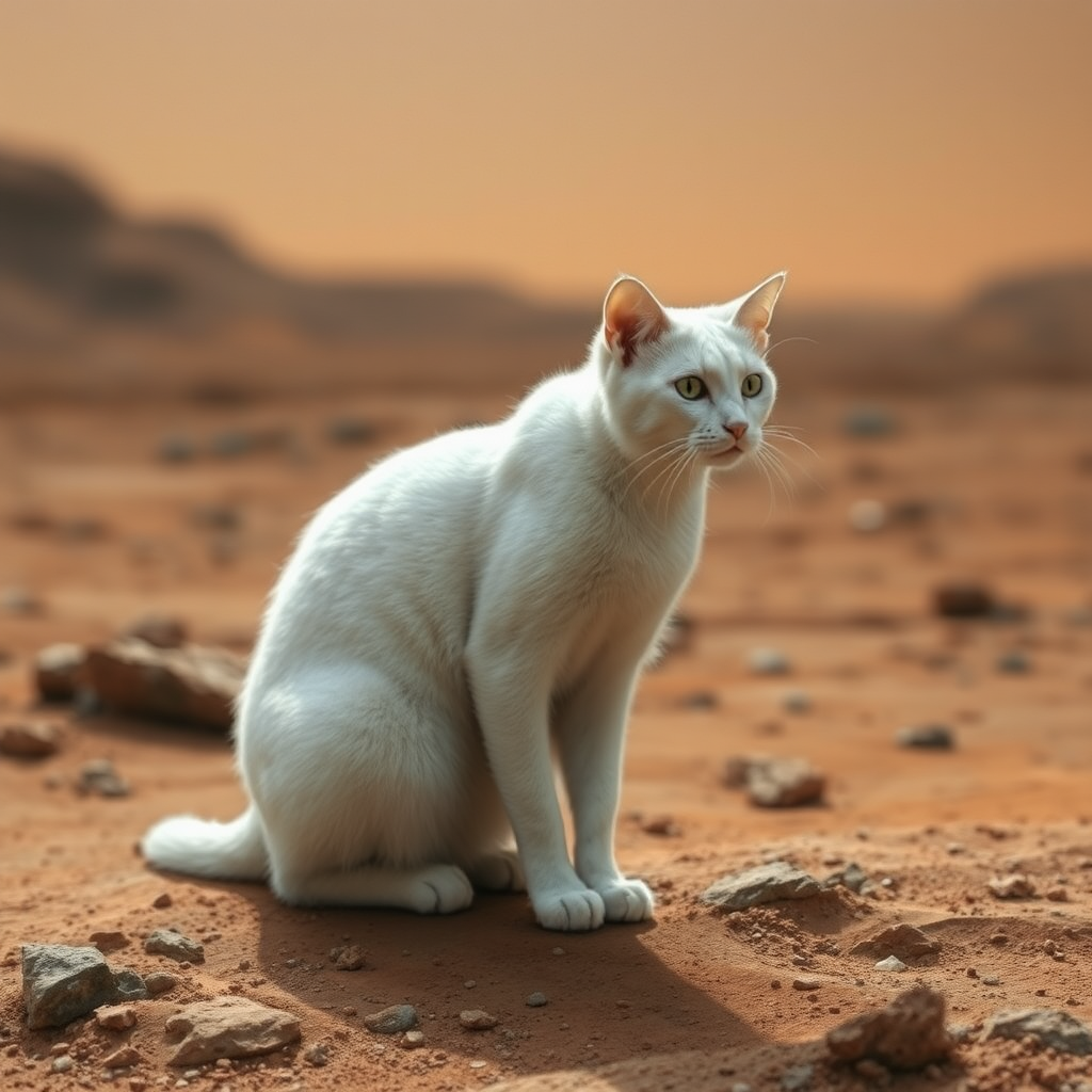 White cat on the surface of mars