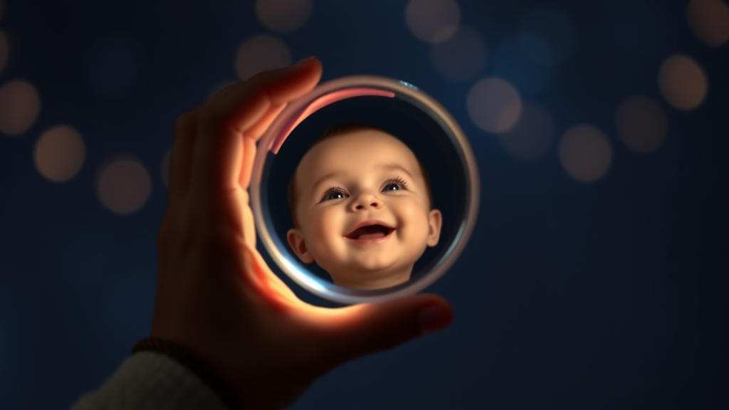 A looking glass in a baby hand at night baby happy to see that animation