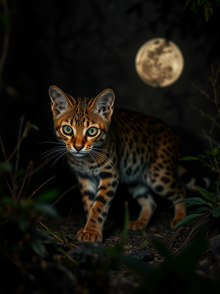 Create a hyper-realistic 4K image of a Rusty-Spotted Cat engaging in nighttime activities. The scene should be set in a dark, moonlit environment with subtle illumination to highlight the cat’s distinctive rust-colored spots. Include elements like shadows, moonlight filtering through foliage, and the cat's natural behavior, such as hunting or exploring, to capture the essence of its nocturnal lifestyle.