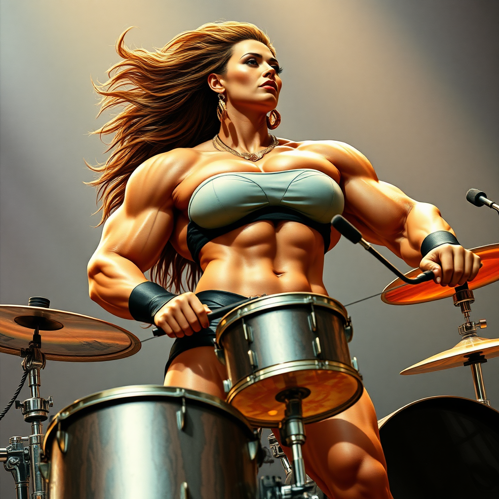 jacked massive huge bodybuilder girl, strapless dress, rock drummer