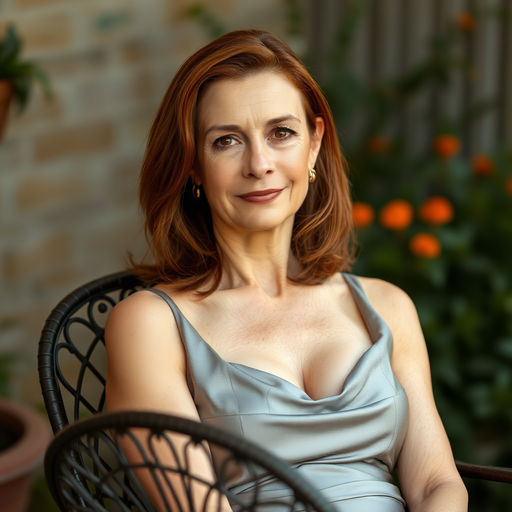 A beautiful lean western woman with warm brown eyes sits softly on a garden chair. Shoulder-length chestnut hair and uncharacteristically smooth skin for a woman 60 years of age define her features. She wears an elegant silver dress that pushes up her ample cleavage.