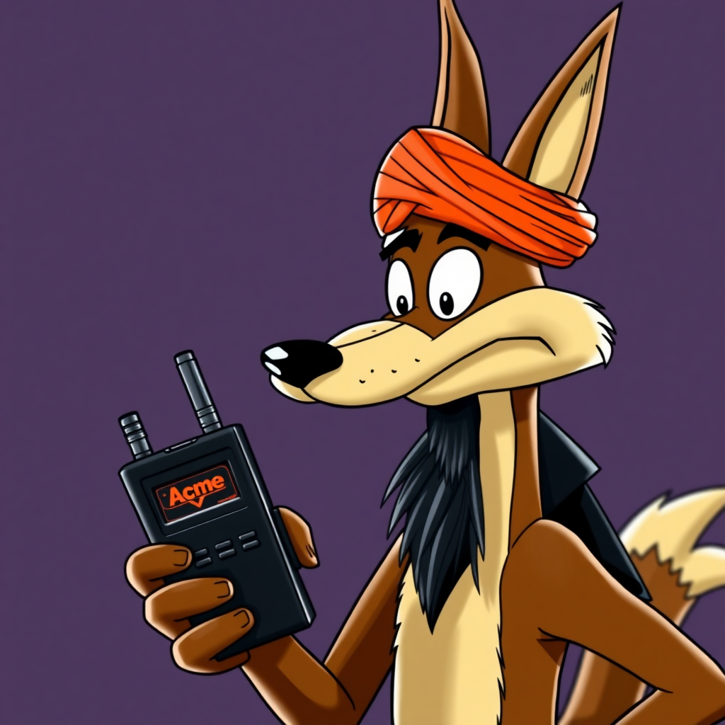 Wile E Coyote, wearing a turban, holding a black 1980's beeper that is branded Acme. Roadrunner in the background dressed in black like a hassidic jew, with a big black beard like a hassidic jew.