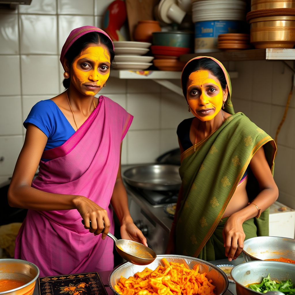 2 skinny, 30-year-old Indian maids. They are cooking food in the kitchen. Their faces are covered with a turmeric face mask.