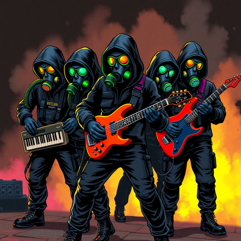 A rock band-themed group of cyberpunk anarchist vigilantes wearing black tactical hoodies and color-coded gas masks. Each member has a unique color and instrument:

Maximum Yellow: Hypnotic Keyboardist  
Maximum Green: Seismic Drummist  
Maximum Blue: Electrokinetic Guitarist  
Maximum Red: Sonic Lead Vocalist  
The scene should capture their rebellious and intense energy, with each member in a dynamic pose, ready to unleash their musical and anarchistic powers. They are drawn as if they are in a retro 2D cyberpunk fighting game.