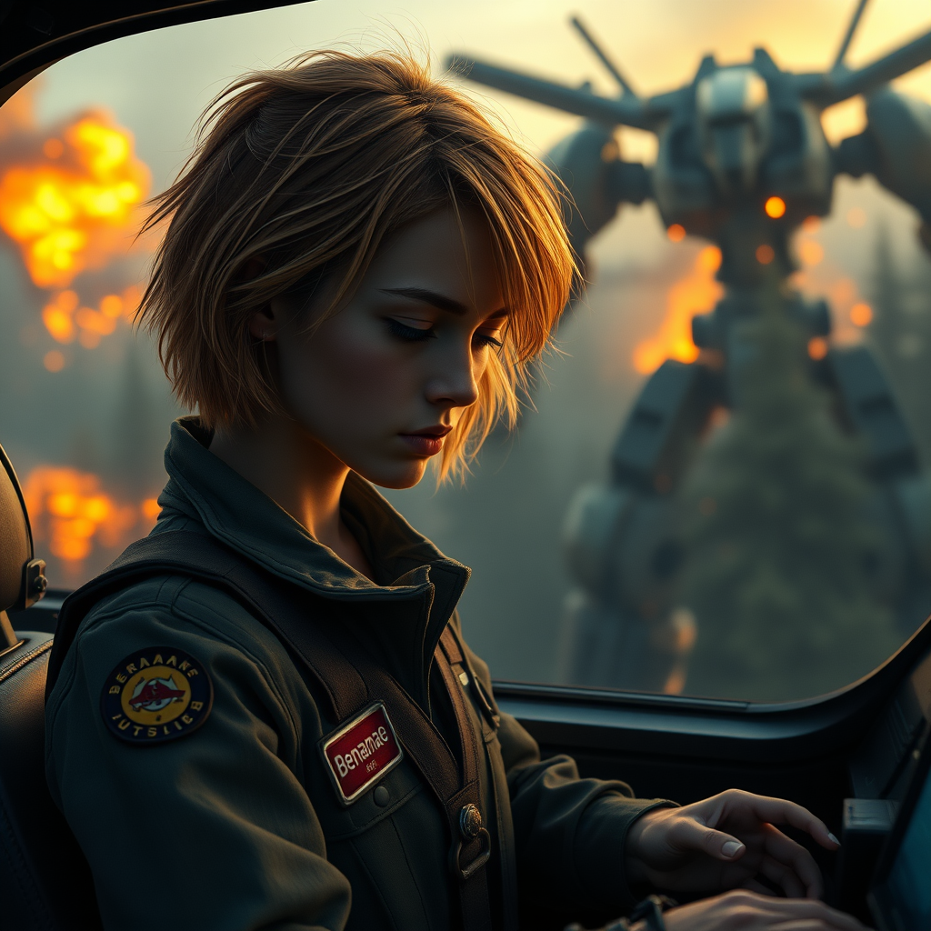 A girl with face like (Ana de Armas), pale, no makeup, messy shoulder length strawberry blonde hair, athletic, wearing a flight suit, "Benaenae" badge on the pocket. She is in a mech cockpit looking down at controls, and there is an intense battle in the background between giant robots twice the height of trees of a forest on fire. Hyperrealistic, dawn, film grain.