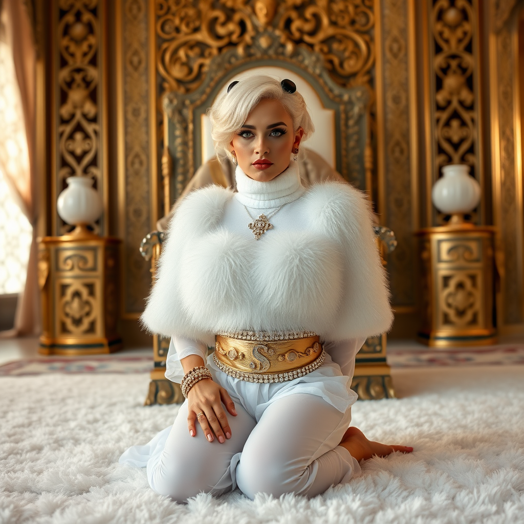 Kuwait desert palace throne room, old overweight mighty sheik sitting on throne. In front of throne, kneeling on white fluffy carpet: Melissa, European 17 years old very convincing femboy “trophy-bimbo”, tamed servile docile, rather short, by hormones very curvaceous womanly figured, platinum blond short tight curls, heavily made-up eyes, wearing Supertanya-style fluffy very fuzzy bright white angora turtleneck-poncho cropped ending under bust decorated with pearls and gemstones, striking oriental wide gold bridal protection belt, white fully transparent harem pants, full Oriental bridal jewelry, white sheer full Burka, coin anklets, striking diamond “$$$” letter brooch on left chest, pout frustrated, hands tied behind back, looking at camera. Focus on face and turtleneck-poncho.