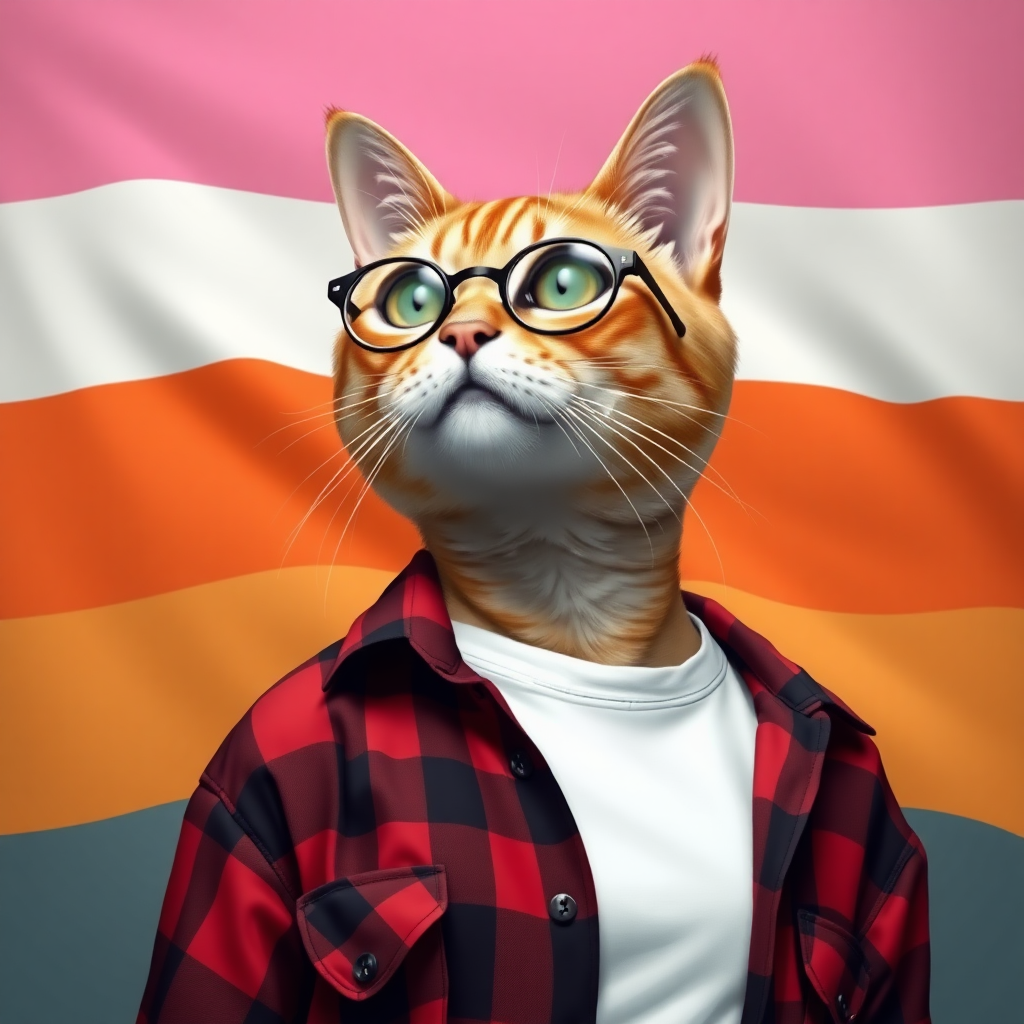 female cat-man in chestnut color with a flag behind, featuring horizontal stripes of pink/light pink/white/light orange/orange, in that order, wearing semi-round glasses, an open red and black checked shirt over a white t-shirt, in digital art