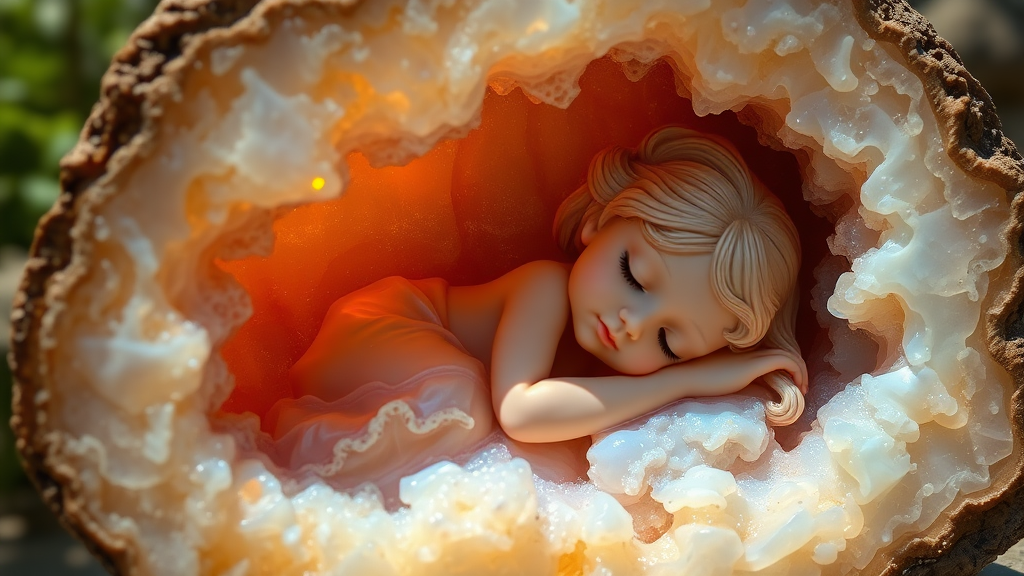 statue carved from opal of a 8 year old girl sleeping in a geode, high quality photo, intricate environment, ultra-detailed, impressionistic, dynamic composition, artistic photograph, geode, alabaster, fractal, brilliant colors, glittering, sunlight, illumination, transparency, translucent, opal