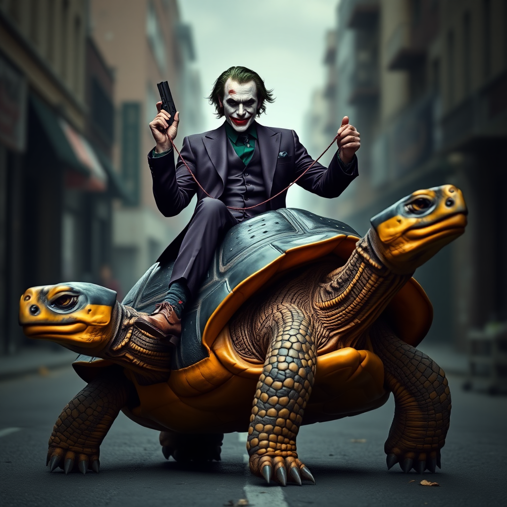 A photorealistic image of the Joker, wearing a dark purple suit and a black shirt, riding on the back of a giant tortoise. The tortoise's shell is painted in the colors of the German flag (black, red, and gold). The Joker holds reins attached to the tortoise's head with his right hand, and in his left hand, he wields a pistol. The scene has a surreal yet intense atmosphere, with the Joker's mischievous expression contrasted by the slow, steady movement of the tortoise beneath him. The setting could be an urban street or a mysterious landscape, creating a mix of chaos and calm.