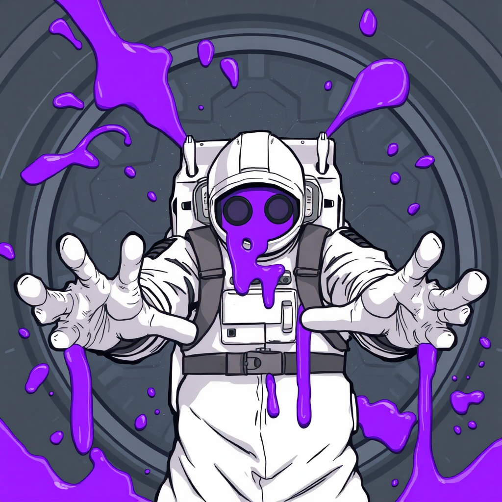 Stylized sci-fi digital drawing. Mindless space crew member approaching the viewer with arms reaching out. Purple goo smears.