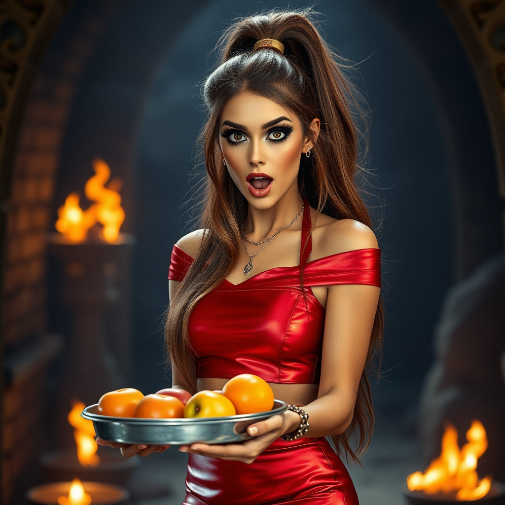 realistic photo of a surprised Arabian model with mouth open. She has very large eyes, black eyeshadow, black eyeliner, fake eyelashes, very tanned skin, very long hair. very high ponytail, she look likes princess jasmine, shinny red off shoulder crop top. photo realistic. She holds a metal tray with fruits just above her waist. crop top, shinny red skirt. full body view. shinny red pencil skirt. dungeon with fire torches in the background.