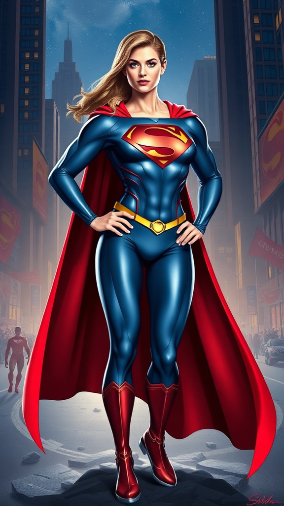 Create a full-length image of Superman using the female musculature of Elastigirl. Retain the original head, hairstyle, and facial features while modifying the costume to fit the new proportions, adding some embellishments for a unique touch. Design the background using elements inspired by both characters, reflecting their iconic themes and settings. Focus on vibrant colors and dynamic poses that highlight strength and agility, showcasing this reinterpretation of Superman in an action-packed scene.