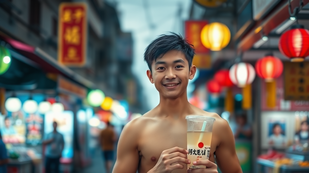 A background street district, brightly lit, blurred, a Taiwanese boy strolling through a night market, the boy facing forward, wearing a sweet smile, muscular build, bare upper body, holding bubble tea in his hand.