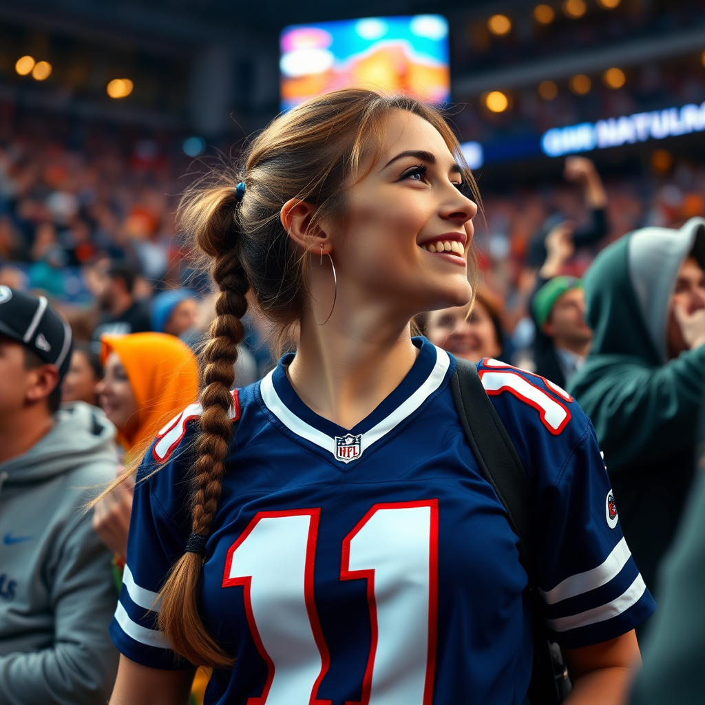 Female NFL fan, hot, pigtail hair, jersey, cheering, perspective of TV camera, inside crowd