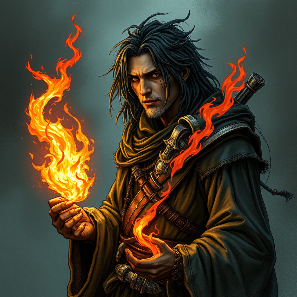 D&D fantasy drawing style 4k human sorcerer that was brutally experimented on, around 20 years ago, long unkempt hair, adept at fire magic, walking in the mists, dark fantasy