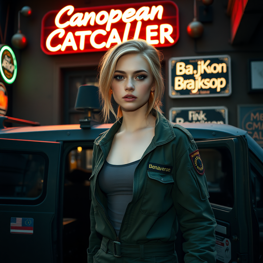 A twenty-something girl resembling ana de armas, strawberry blonde hair, small chest, pale skin, freckles, eyeshadow like avril lavigne. Wearing a military flightsuit with "Benaenae" on the pocket, tanktop underneath. in front of a bar in a mechwarrior city. (stepping out of a personnel carrier). Neon sign with the words "Canopean Catcaller" above the door. Advertisement for a drink called "Brajkaisop". Realistic, WLOP, film grain.