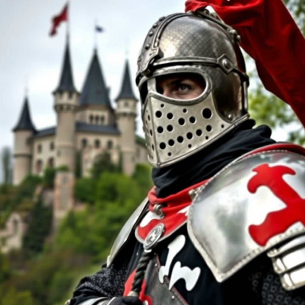 A knight of the Teutonic Order in black, white, and red colors, the background a beautiful castle. Realistic photo.