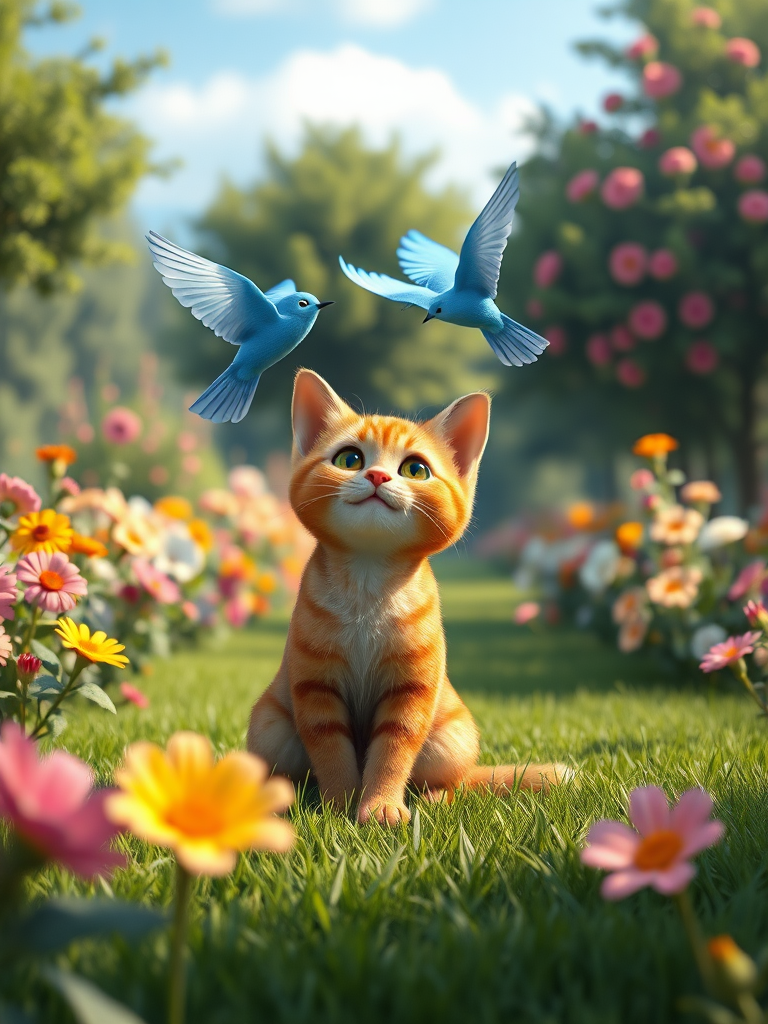 In a vibrant garden, depict a cute Brown Cat and a cheerful Blue Bird, embarking on an adventure together. The garden is filled with colorful flowers and lush green trees. The Brown Cat is sitting on the grass while the Blue Bird is flying above, creating a warm and joyful atmosphere. Render this in realistic 4K detail.