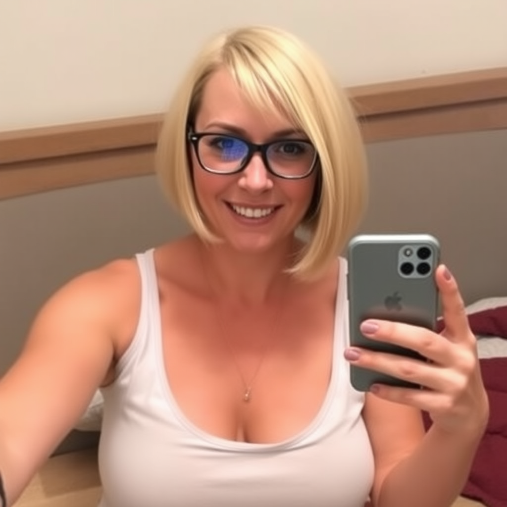 Woman, One, 40 Years old, British, Pale skin, White skin, Large chest, Thick thighs, Busty thighs, Wide jaw, Sharp nose, Horny face, Happy face, Open mouth, Blonde hair, Bobcut, Short hair, Straight hair, Brown eye color, Glasses, Cotton shorts, Sleeveless t-shirt, necklace, Bed, Motherly, iPhone selfie