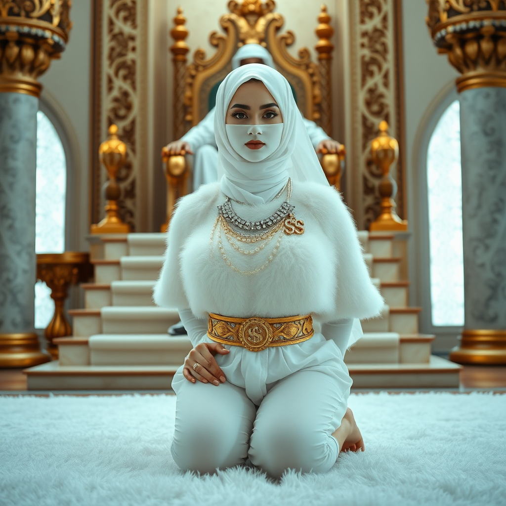 Kuwait desert palace throne room, throne raised on stair head, old overweight mighty sheik sitting on throne. In front of stairs, kneeling on white fluffy carpet: Melissa, European 17 years old very convincing femboy “trophy-bimbo”, tamed servile docile, rather short, by hormones very curvaceous womanly figured, platinum blond short tight curls, heavily made-up eyes, wearing Supertanya-style fluffy very fuzzy bright white angora turtleneck-poncho cropped ending under bust decorated with pearls and gemstones, striking oriental wide gold bridal protection belt, white fully transparent harem pants, full Oriental bridal jewelry, face covered by white sheer full Burka, coin anklets, striking diamond “$$$” letter brooch on left chest, pout frustrated, hands tied behind back, looking at camera. Focus on face and turtleneck-poncho.