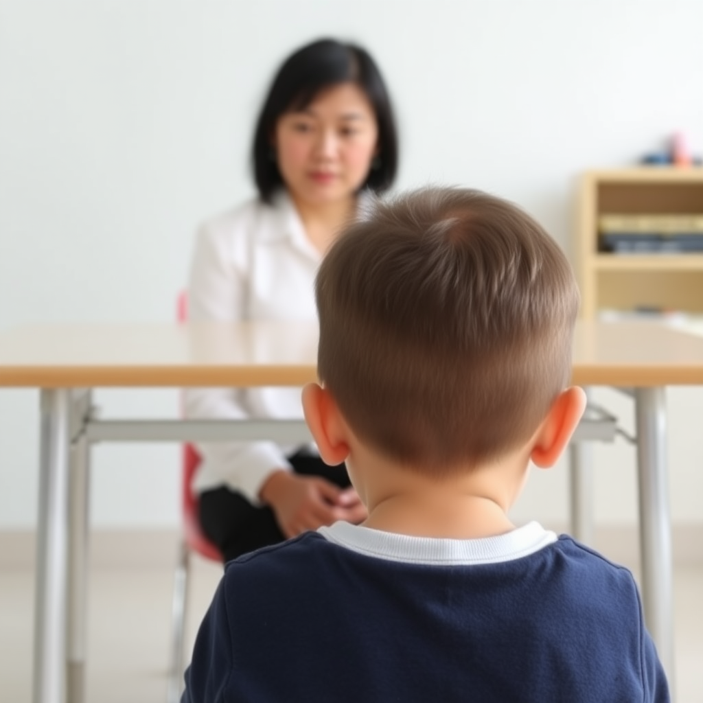 An amateur photograph, taken from behind a child. The child is sitting down in front of a table. Behind the table, a female counsellor is sitting. The counsellor is East Asian.