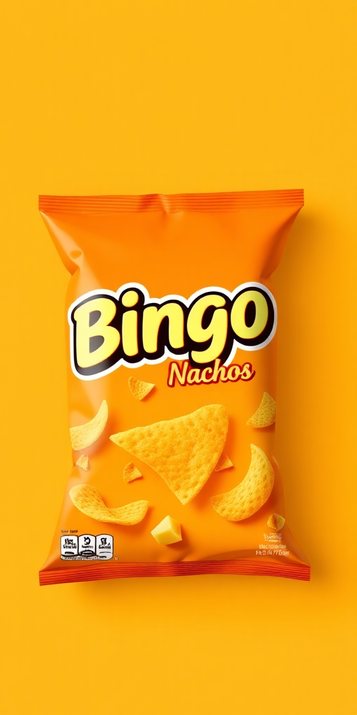 Create a mockup for a Bingo snack pack nachos cheese flavor featuring a bright orange color.