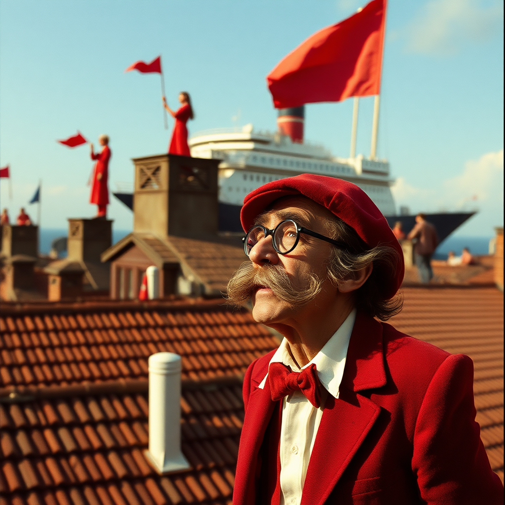 highly detailed Kodachrome color surreal real photograph from 1974 of Sirens on the rooftops wailing  
But there's no ship sailing  
Groucho, with his movies trailing  
Stands alone with his punchline failing