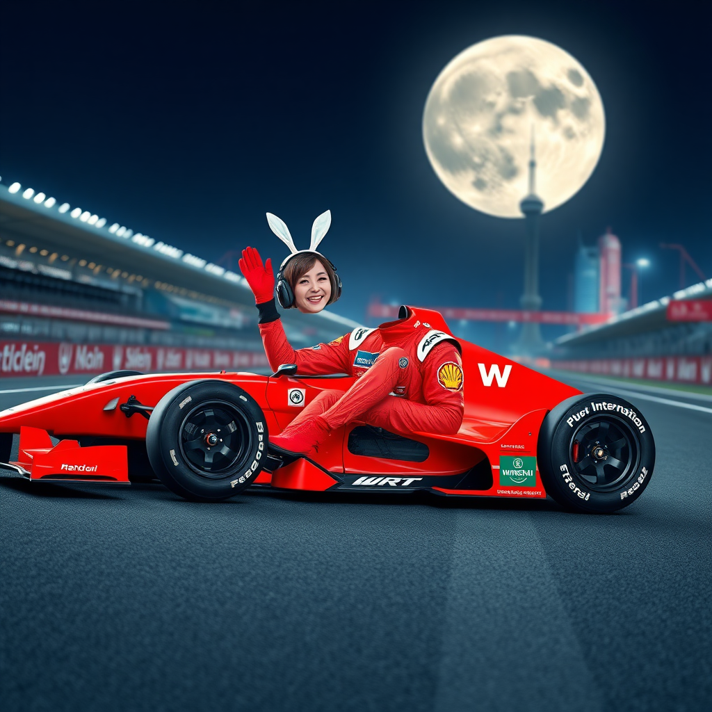 On the Shanghai International Circuit track, a red race car with only "WRT" written on it, a beautiful Chinese female racer wearing rabbit ears on her head, sits in the car, laughing joyfully and waving her hand, her hand adorned with red racing gloves. Her red racing suit also only has "WRT" written on it, with the background featuring the scenery of Shanghai and a huge moon.