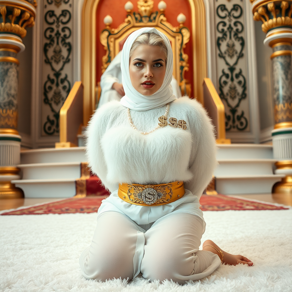 Kuwait desert palace throne room, throne raised on stair head, old overweight mighty sheik sitting on throne. In front of stairs, kneeling on white fluffy carpet: Melissa, European 17 years old very convincing femboy “trophy-bimbo”, tamed servile docile, rather short, by hormones very curvaceous womanly figured, platinum blond short tight curls, heavily made-up eyes, wearing Supertanya-style fluffy very fuzzy bright white angora turtleneck-poncho cropped ending under bust decorated with pearls and gemstones, striking oriental wide gold bridal protection belt, white fully transparent harem pants, full Oriental bridal jewelry, face covered by white sheer full Burka, coin anklets, striking diamond “$$$” letter brooch on left chest, pout frustrated, hands tied behind back, looking at camera. Focus on face and turtleneck-poncho, side perspective.