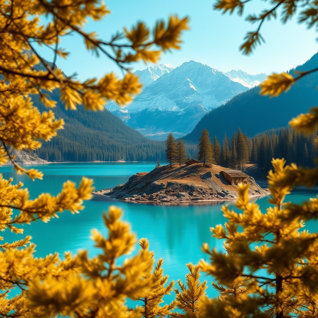 A serene mountain landscape featuring a tranquil lake with crystal-clear turquoise waters. The scene is framed by golden-brown coniferous trees, whose leaves shimmer softly in the dappled sunlight. Nestled in the foreground, a rocky island rises from the lake, covered with earthy tones, contrasting against the water's vibrant hue. In the background, majestic mountains loom, their peaks dusted with snow and their slopes adorned with dense, dark green forests. A quaint wooden structure is visible along the shoreline, hinting at human presence against the wild backdrop. The overall aesthetic is hyperrealistic, capturing intricate details of nature, with a palette of soft blues, earthy browns, and hints of golden sunlight piercing through the trees.