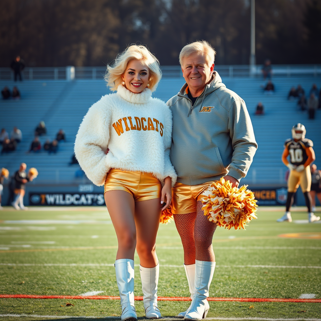 Sunny cold fall noon, college football stadium game, cheerleaders leader squat: Ana, European 17 years old very convincing femboy “QB’s trophy-bimbo”, tamed servile docile, very beautiful feminine flawless face, rather short boyish figure, platinum blond short tight curls, bold red lips, heavily made-up face, fluffy very fuzzy bright white plushy hazy thick angora turtleneck-sweater with “gold “WILDCATS” letters, vinyl gold short shorts, mesh pantyhose, white vinyl thigh-high boots with golden heels, large gold-white pompoms, pearl earrings, standing, shoulders slightly arched back to present her assets, posing for photo with Hank: older tall overweight male football coach, wearing college football coach outfit, triumphant smile, nimbly patting Ana. Jealously watching from behind: very angry wildcat’s QB.