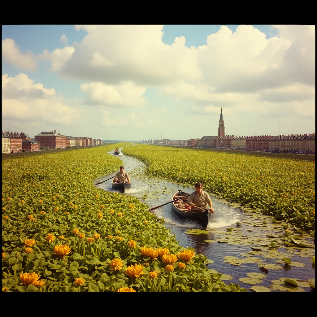 highly detailed Kodachrome color real British surrealist photograph from 1971 of Turn and run!  
Nothing can stop them  
Around every river and canal their power is growing  
Stamp them out!  
We must destroy them  
They infiltrate each city with their thick dark warning odour  
They are invincible  
They seem immune to all our herbicidal battering