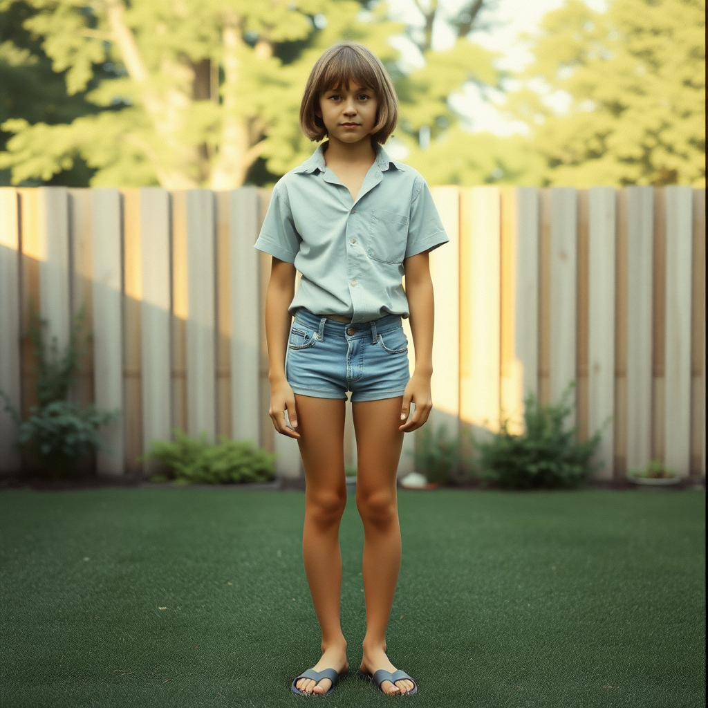 tall 14yo teen boy, long hair bob cut, wearing shirt and very tight booty shorts, long legs, narrow thighs, full-length front view. 1970s. At backyard. photorealistic, ultra high resolution, 16K, Negative: grainy, blurry, bad anatomy, extra limbs, watermark.