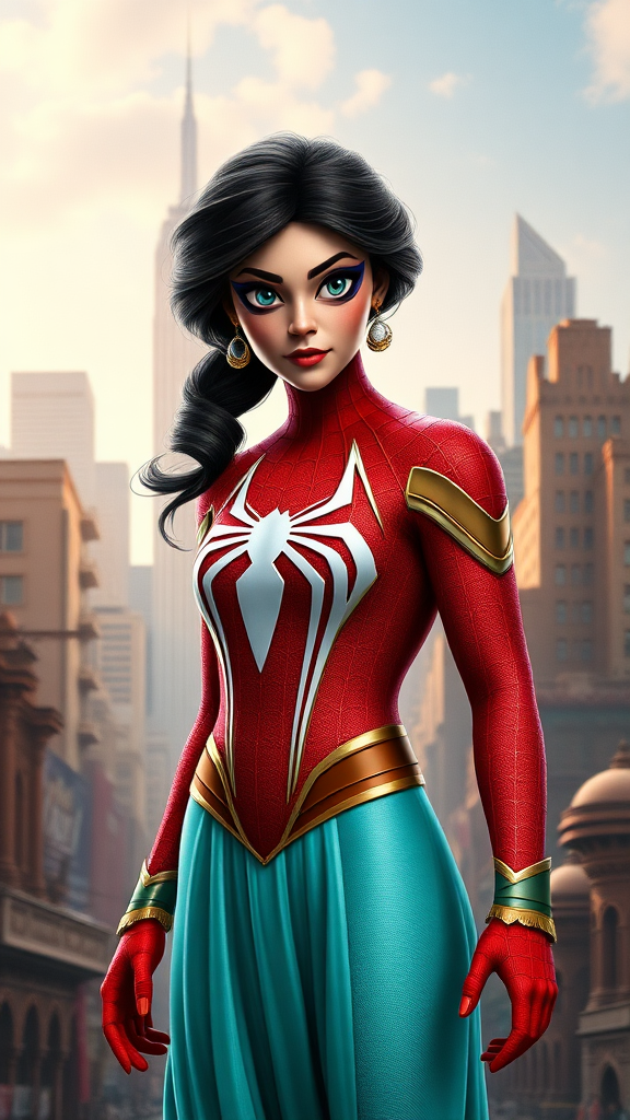 Generate a full-length rendered image of a hybrid character combining Princess Jasmine’s head and hair on a Spider-Man body. Retain Jasmine’s costume, adjusting it to fit Spider-Man’s proportions. Design the background by merging elements from Agrabah's vibrant markets and New York City's urban skyline, creating a seamless blend of both worlds. Capture the essence of both characters in a dynamic and visually striking composition.