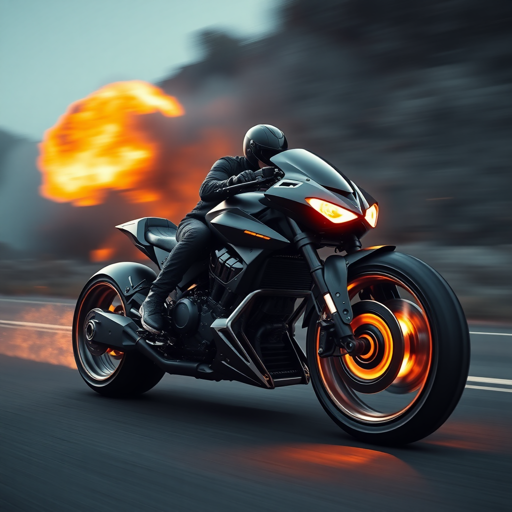 futuristic custom motorcycle inspired by batmobile , dark road, tire fire, motion blur, explosion, with man driver helmet