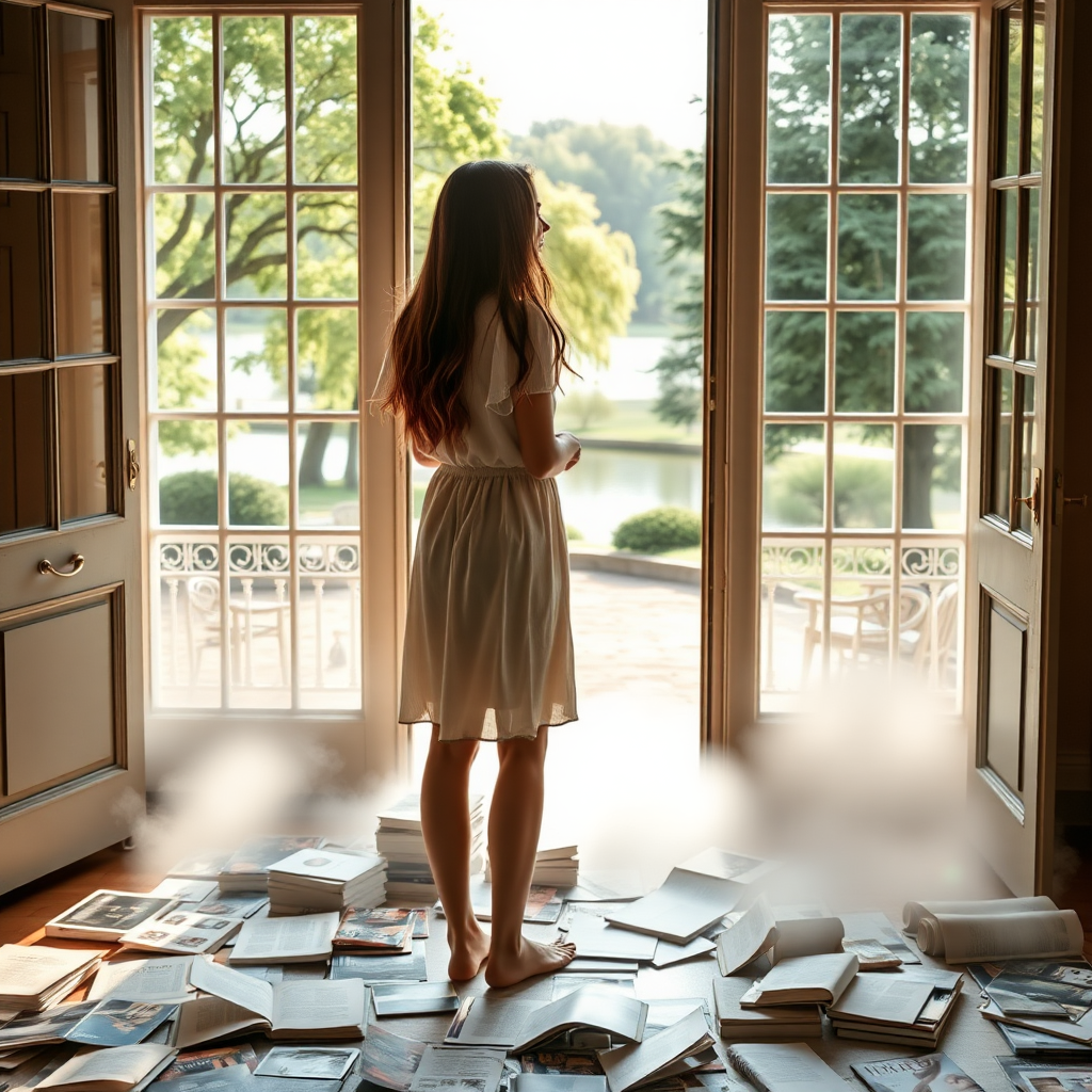 a young woman standing in the open terrace door and looking outside to a beautiful park with a lake and trees. she is wearing a simple dress and is barefooted. long brunette hair with highlights. on the floor behind her in the room there are many disrupted books and magazines. mystic light outside. the books and magazines seem to disappear in something like fog on the ground of the room. sun on the terrace. photo