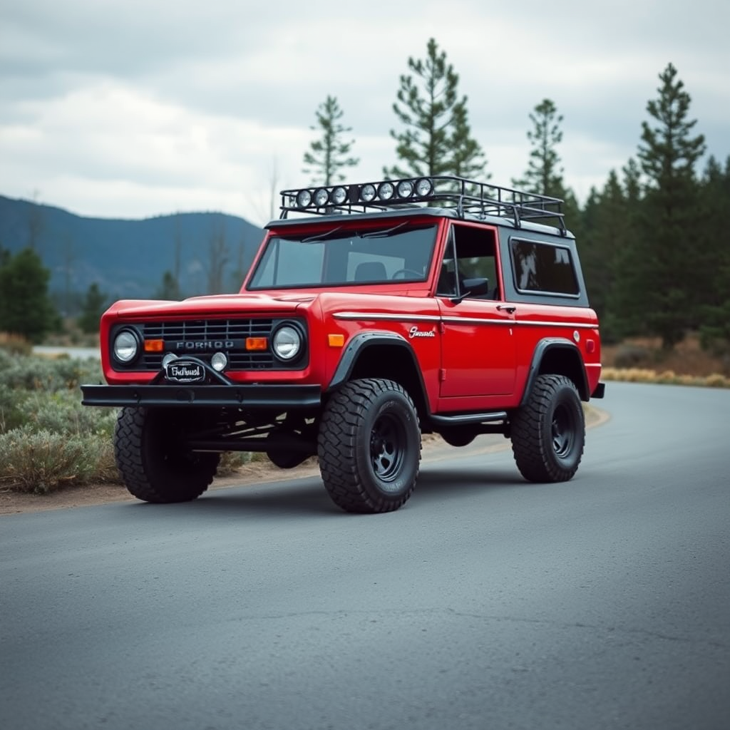 ford bronco the 4x4 car is parked on the side of the road, inspired by Taiyō Matsumoto, tumblr, restomod, nd4, c4