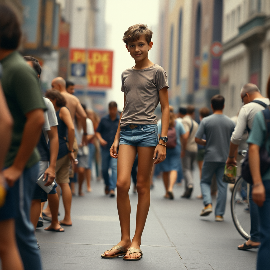 photorealistic, ultra high resolution, 16K. A tall skinny 12yo teen boy wearing t-shirt, tight booty shorts, sandals. Long legs, bare thighs, narrow hips. City crowd. 1980s. Negative: grainy, blurry, bad anatomy, extra limbs, watermark.