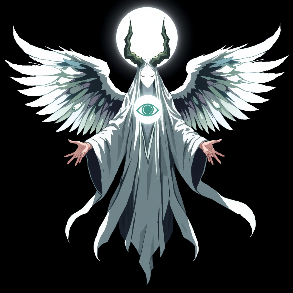 (Anime Pixel-styled art) Black background, a haunting godly-powerful angelic figure known as Yaldabaoth, the Demiurge, hovers ominously in mid-air. His tall, ghost-like form exudes a spectral presence, draped in flowing white-and-black robes that billow with an ethereal energy. His entire face is veiled by a strange and eerie, pure white circular light, from which a single eye symbol glows faintly in its center, casting an unsettling aura. Four large, menacing horns crown his head, giving him an air of divine yet terrifying power. Behind him, four angelic wings, majestic and shadowy, spread wide—simultaneously invoking grace and fear. His outstretched hands seem to beckon with an unknown purpose, completing his full-body, otherworldly presence in the dark expanse.