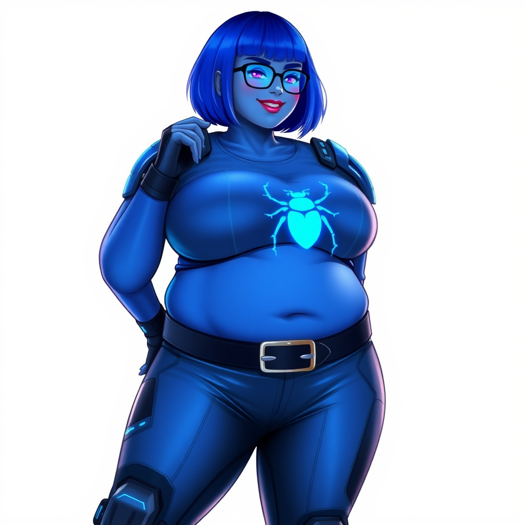 A 28-year-old, full-figured, metallic maximum blue (5PB 5/10) skinned computer program hybrid with a maximum blue bob cut. She has a non-athletic build, highlighted by a prominent, round, large midsection (with heavy emphasis on her round large belly), which shows the effects of her love of junk food acquired from her boyfriend. As the full-figured, nerdy, digital sidekick to her cyberpunk vigilante boyfriend, her metallic maximum blue skin and maximum blue lipstick (5PB 5/12) emphasize her digital nature. Her skin has a subtle, animated glow, with digital patterns occasionally flickering across it, making her digital nature obvious. She wears a digital, computerized costume, consisting of a massive, tight-fitting, maximum blue biker shirt (5PB 5/12) made out of advanced nanotech with a neon blue glowing chest icon of a beetle, hi-tech shoulder pads with neon blue accents, a black hi-tech belt with a digital neon blue glowing buckle, digital maximum blue biker pants (5PB 5/12) with neon blue accents, and black hi-tech fingerless biker gloves with neon blue glowing accents. Her neon blue glowing eyes, black eyeglasses with neon blue glowing lenses equipped with a built-in HUD, and bashful smile with neon red blush accentuate her nerdiness. She stands bashfully with one hand behind her back and the other hand gently touching her cheek, her costume covering all her skin and emphasizing her full figure (especially her round large belly). She is clearly non-athletic, with a focus on her full-figured physique. Despite her build, she radiates beauty. She has a slim face compared to her physique, accentuating her radiant beauty. She is on a solid white background. She is drawn as if she were in a retro 2D cyberpunk fighting game.