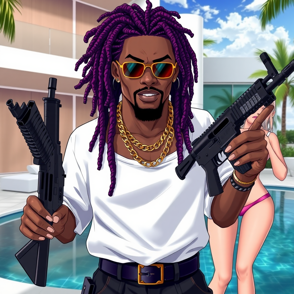 A high-quality anime art scene, a white thug male with purple dreadlocks, golden grills, holding 2 AK-47s, in a modern-day mansion outside in Miami Beach, there are 2 white blonde girls with micro-bikinis and G-strings.