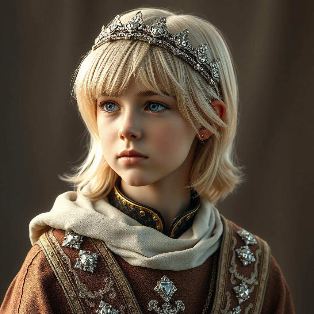 16yo teen boy prince, blond, long bob cut, embroidered with gold and diamonds medieval cloths, diamond diadem. photorealistic, ultra high resolution, 16K,