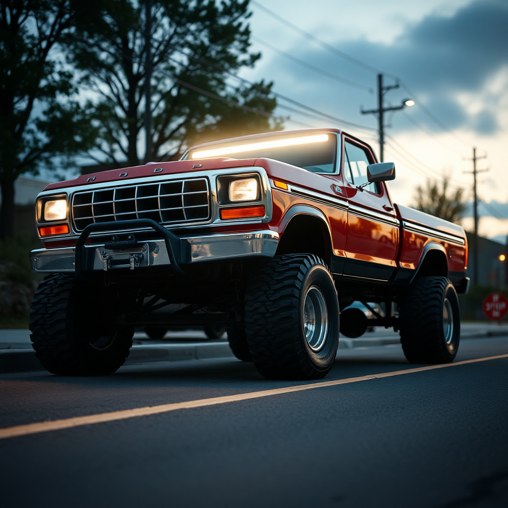 the car is parked on the side of the road, inspired by Taiyō Matsumoto, tumblr, restomod, nd4, c4 ford 4x4 pick-up monster truck light bar